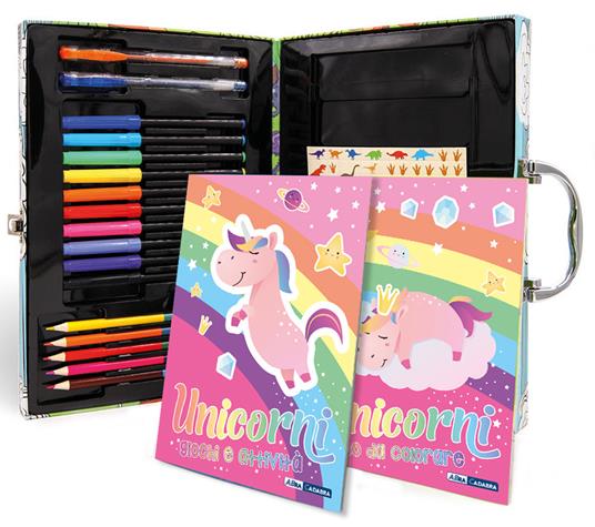 Unicorni. La mia valigetta creativa. Ediz. a colori. Con 5 matite colorate a doppia punta. Con 10 pennarelli. Con 2 penne in gel. Con 100 Adesivi - copertina