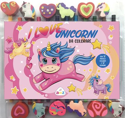I love unicorni da colorare. Ediz. illustrata. Con 12 pastelli colorati e gommine - copertina