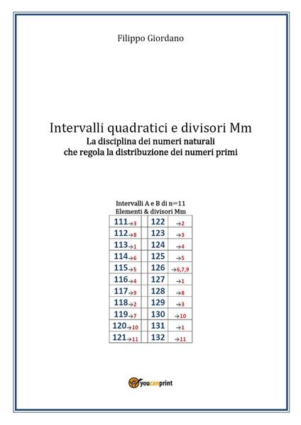 Intervalli quadratici e divisori Mm. La disciplina dei numeri naturali che regola la distribuzione dei numeri primi - Filippo Giordano - copertina