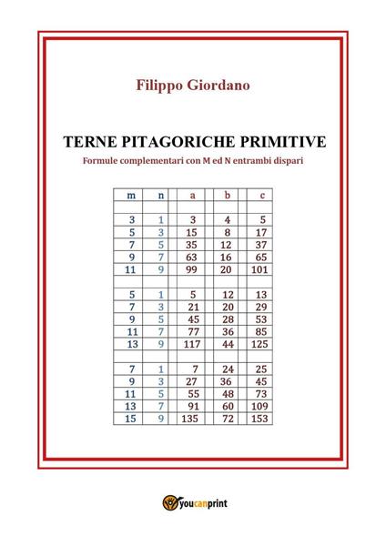 Terne pitagoriche primitive. Formule complementari con M ed N entrambi dispari - Filippo Giordano - copertina