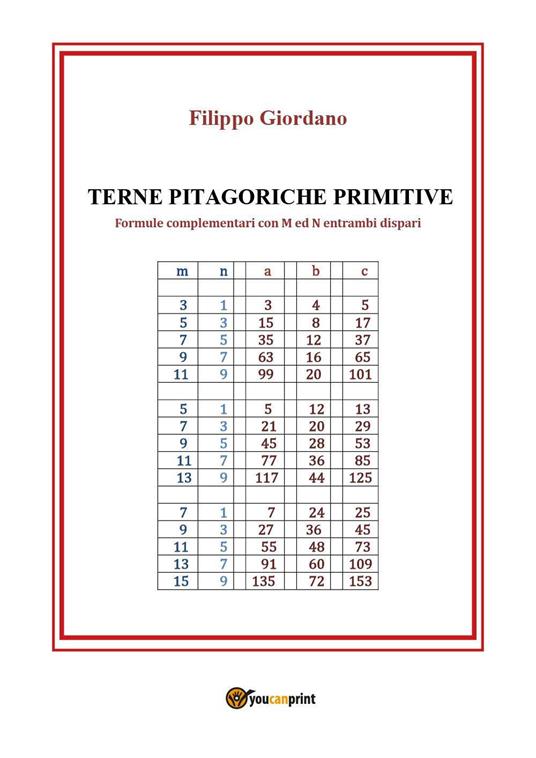 Terne pitagoriche primitive. Formule complementari con M ed N entrambi dispari - Filippo Giordano - copertina