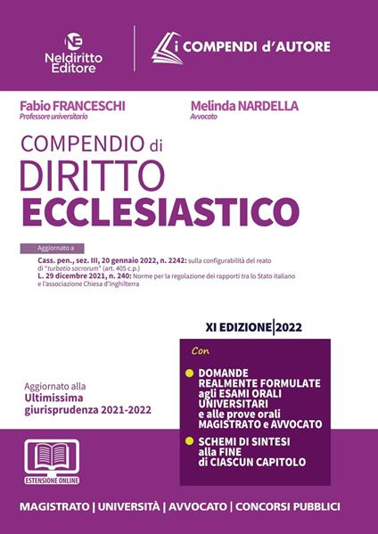 Compendio di diritto ecclesiastico - Fabio Franceschi,Melinda Nardella - copertina