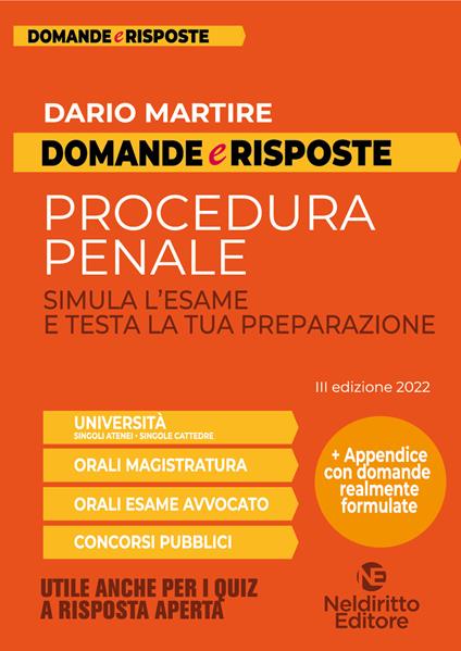  Domande e risposte di procedura penale. Simula l'esame e testa la tua preparazione -  Dario Martire - copertina