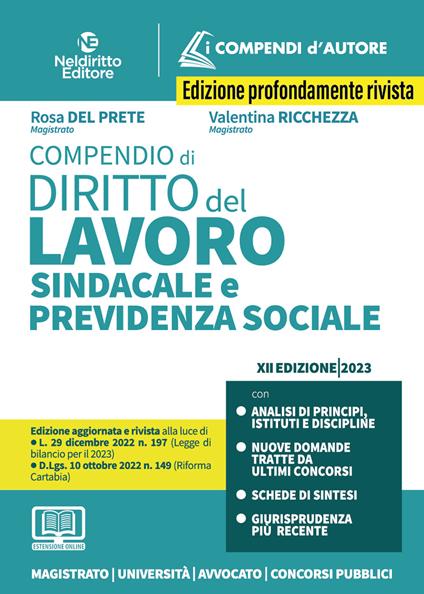 Compendio di diritto del lavoro, sindacale e della previdenza sociale. Nuova ediz. Con estensione online - Rosa Del Prete,Valentina Ricchezza - copertina