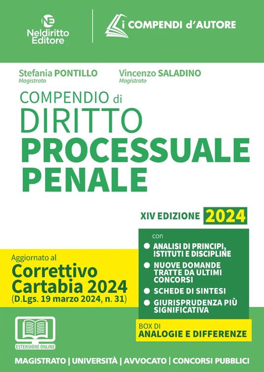 Compendio di procedura penale 2024. Aggiornato al Decreto correttivo alla Riforma Cartabia. Nuova ediz. - Stefania Pontillo,Vincenzo Saladino - copertina