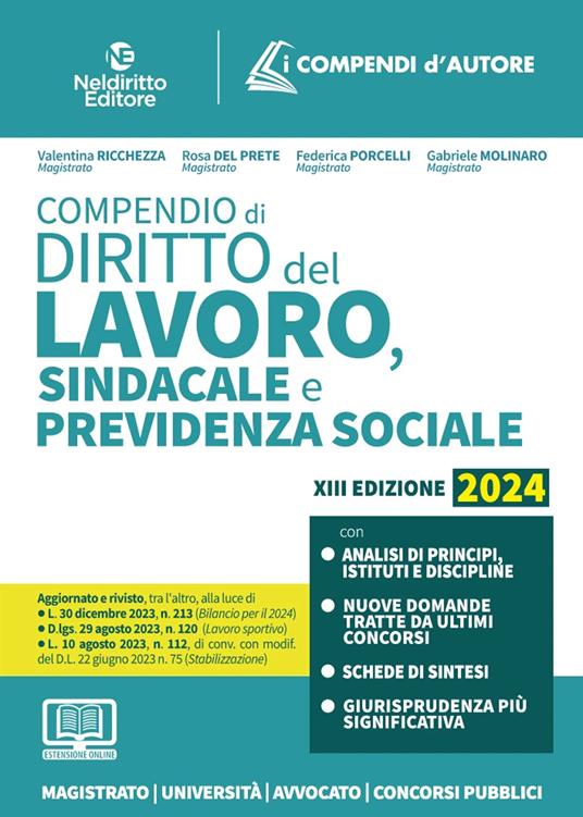 Compendio di diritto del lavoro, sindacale e della previdenza sociale. Nuova ediz. - Rosa Del Prete,Valentina Ricchezza - copertina