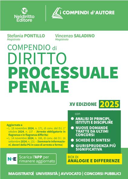 Compendio di procedura penale 2025. Nuova ediz. - Stefania Pontillo,Vincenzo Saladino - copertina