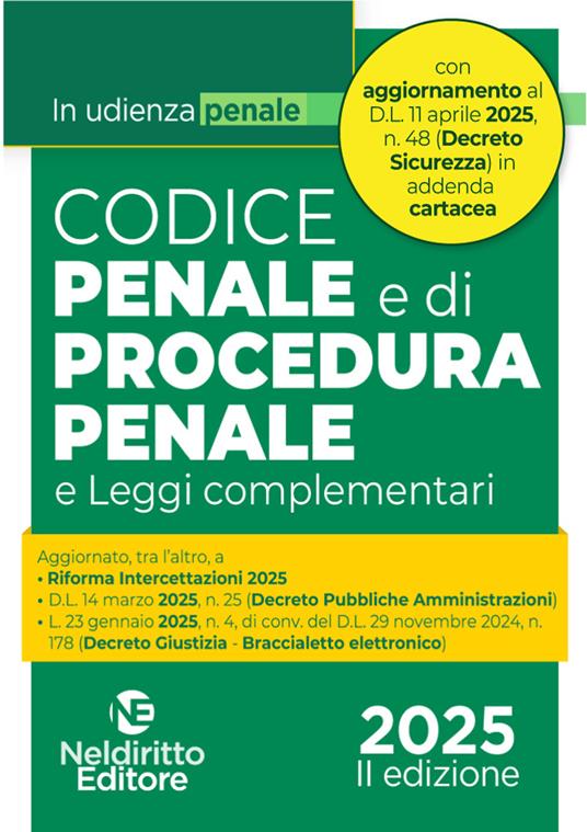 Codice penale e di procedura penale in udienza maggio 2025 aggiornato al Decreto Sicurezza - copertina