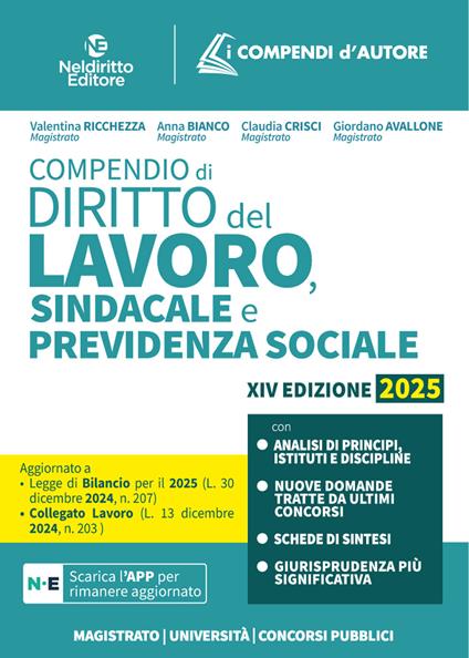 Compendio di diritto del lavoro, sindacale e della previdenza sociale. Con app - Rosa Del Prete,Valentina Ricchezza - copertina