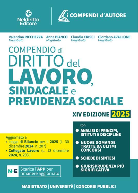 Compendio di diritto del lavoro, sindacale e della previdenza sociale. Con app - Rosa Del Prete,Valentina Ricchezza - copertina