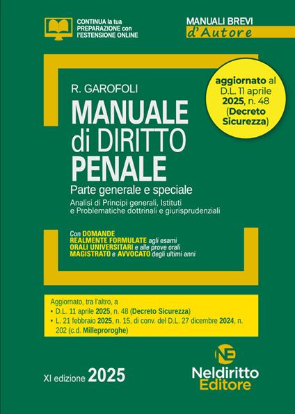 Manuale di diritto penale. Parte generale e speciale 2025. Aggiornato al DL Sicurezza - Roberto Garofoli - copertina