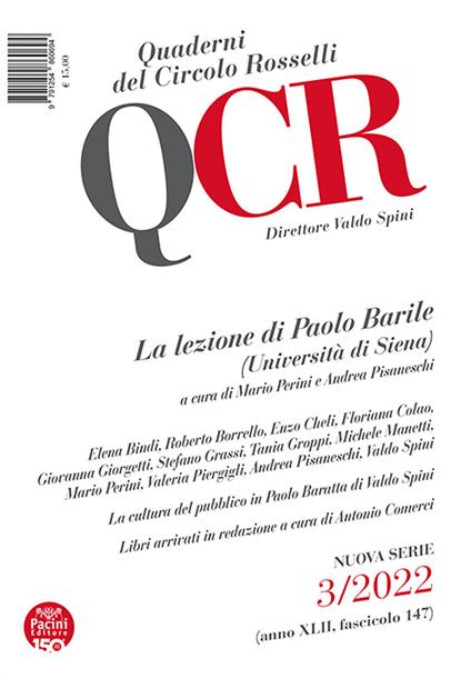 QCR. Quaderni del Circolo Rosselli (2022). Vol. 3: lezione di Paolo Barile (Università di Siena), La. - copertina