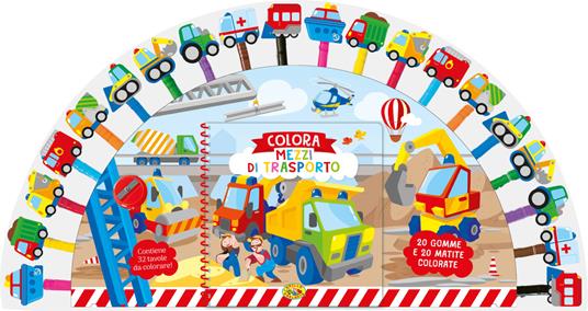 Colora i mezzi di trasporto. Ediz. a spirale. Con 20 gomme. Con 20 matite colorate - copertina