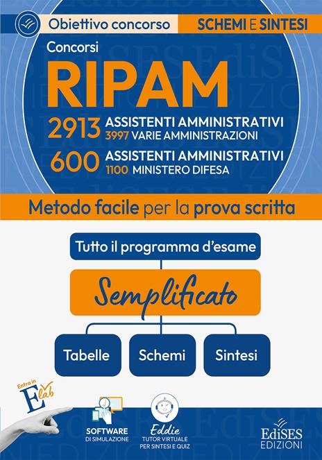 Concorsi RIPAM Assistenti: manuale di sintesi per la prova scritta per 2913 assistenti amministrativi (3997 varie amministrazioni) e 600 assistenti amministrativi (1100 Ministero Difesa). Con software di simulazione - copertina