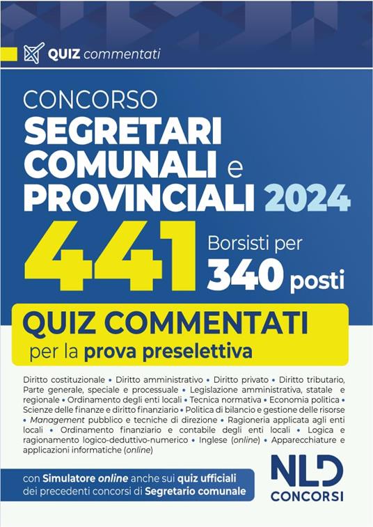 Concorso per 441 borsisti per 340 posti da segretari comunali e provinciali. Quiz commentati per la prova preselettiva - copertina