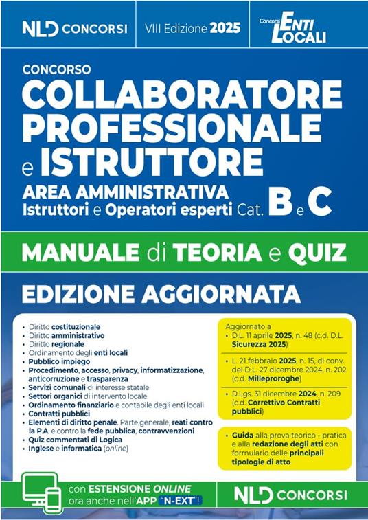 Manuale Collaboratore e Istruttore dell'area amministrativa cat. B e C negli Enti Locali. Manuale con teoria e quiz e formulario 2025. Con espansione online - copertina