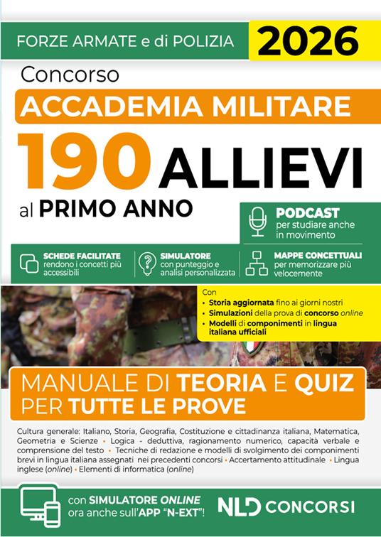 Concorso Accademia Militare 190 allievi al primo anno. Manuale di teoria e quiz per tutte le prove 2026. Con espansione online - copertina