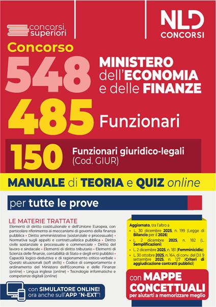 Concorso 548 Ministero dell'Economia e delle Finanze di cui 485 funzionari. Manuale per il profilo da 150 funzionari giuridico-legali (Cod. GIUR) completo di teoria e quiz - copertina