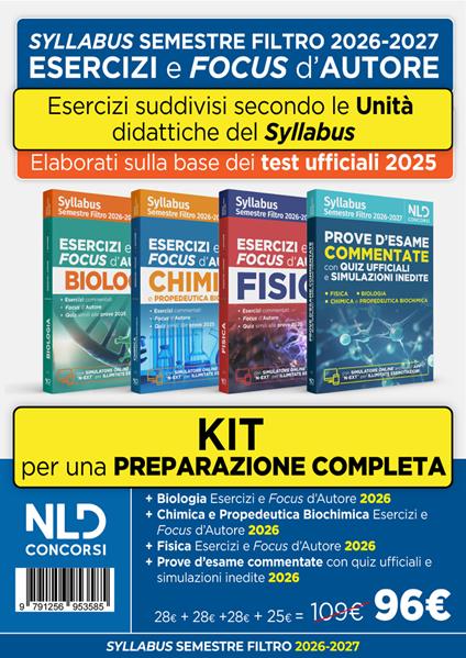 Test Medicina semestre filtro. Kit esercizi e focus d'autore di Fisica Chimica e Biologia + prove d'esame commentate 2026. Nuova ediz. Con espansione online - copertina