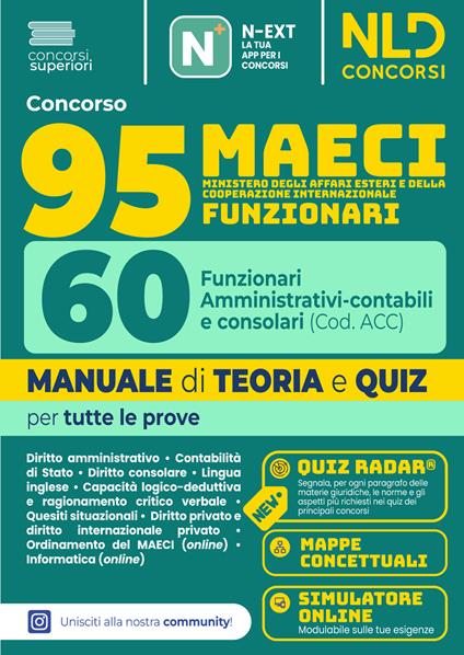 Concorso 95 MAECI 60 Funzionari Amministrativi-contabili e consolari. Manuale di teoria e quiz per la prova preselettiva e scritta 2026. Nuova ediz. Con software di simulazione - copertina