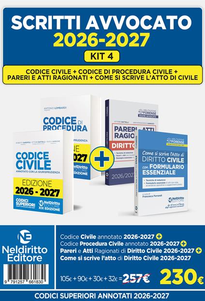 Kit 4 Codice civile + Codice di procedura civile+ Pareri + Come si scrive l'atto di civile 2026-2027 - copertina