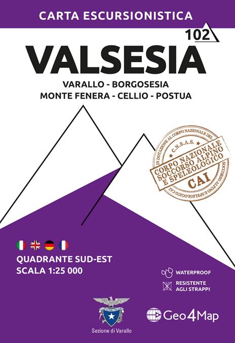 102 Valsesia. Quadrante sud-est. Varallo, Borgosesia, Monte Fenera, Cellio, Postua 1:25.000. Ediz. multilingue - copertina