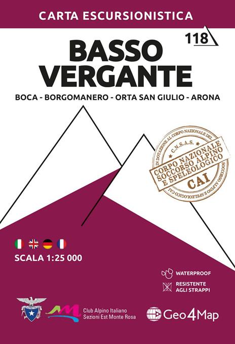 118 Basso Vergante. Boca, Borgomanero, Orta San Giulio, Arona. Carta escursionistica 1:25.000. Ediz. multilingue - copertina