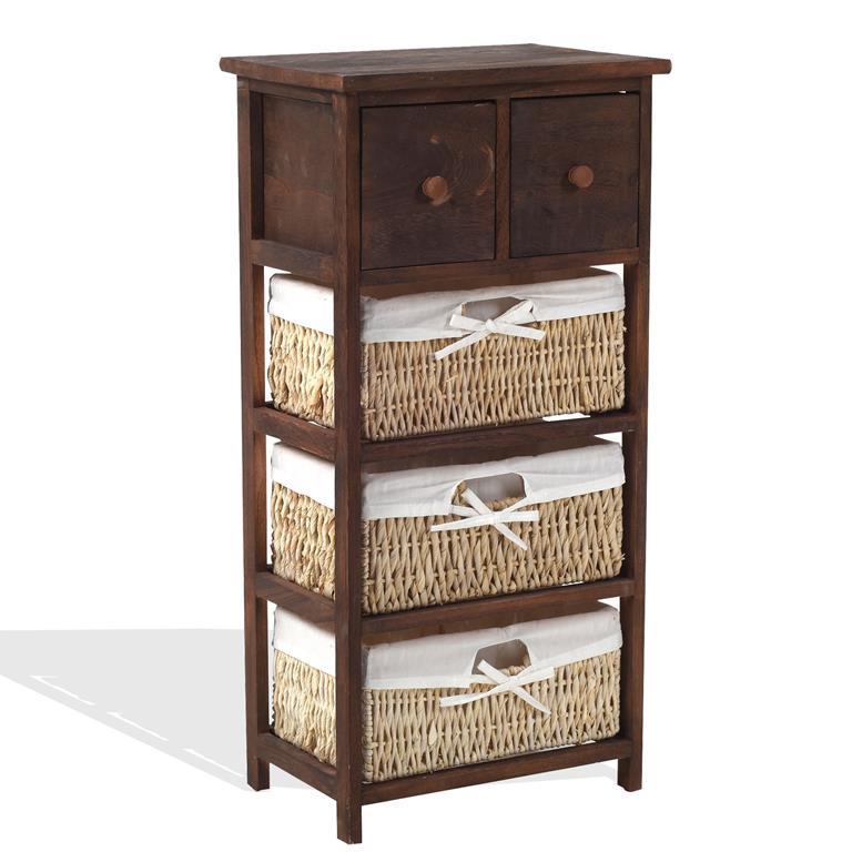 Mobile Bagno Credenza 3 Ceste 2 Cassetti Legno Vimini Marrone Beige