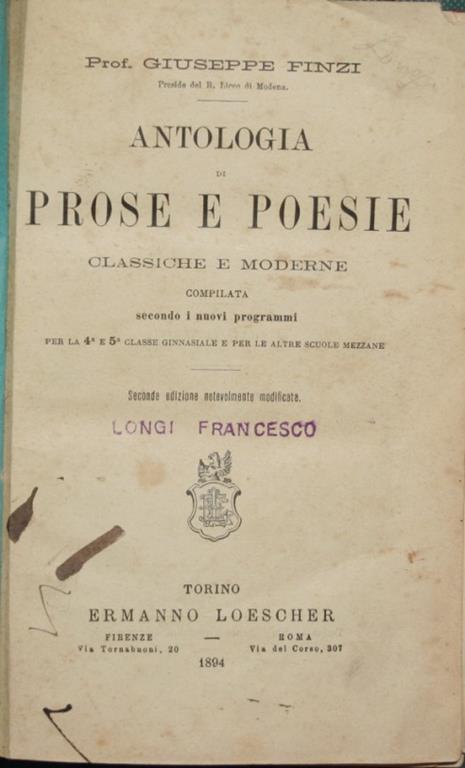 Antologia Di Prose E Poesie Classiche E Moderne Giuseppe Finzi Libro Usato Loescher Ibs