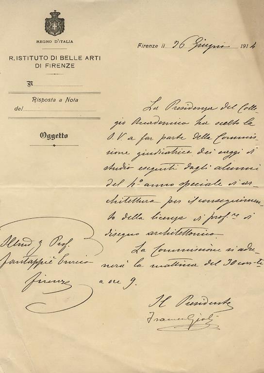 Lettera Manoscritta Autografa Su Una Facciata Su Carta Intestata R Istituto Di Belle Arti Di Firenze Datata Firenze Li 26 Giugno 1914