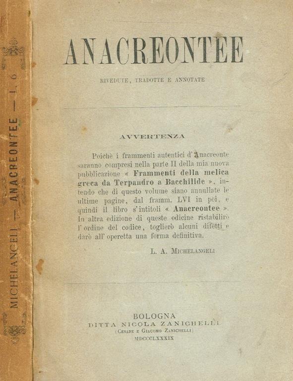 Anacreonte. Edizione Critica Luigi Alessandro Michelangeli Libro