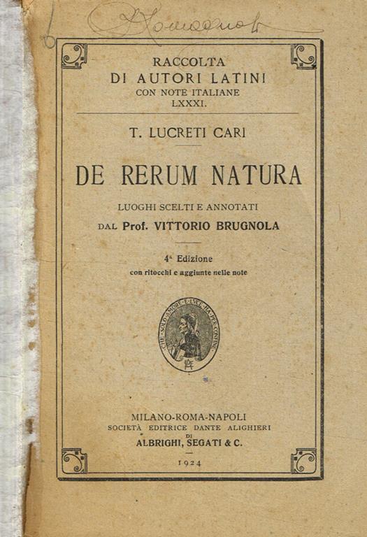 De Rerum Natura Tito Lucrezio Caro Libro Usato Società editrice Dante Alighieri Raccolta