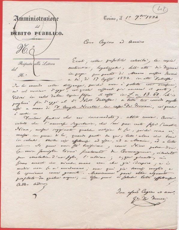 Lettera Privata Su Carta Intestata Amministrazione Debito Pubblico Torino 1834