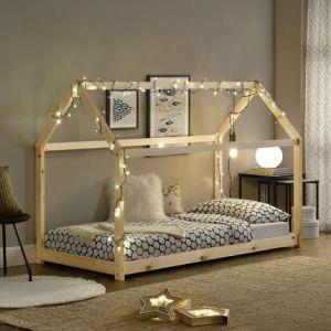 Letto per Bambino a Forma di Casetta 90 x 200 cm Struttura Letto in Legno di Pino Design in Stile Montessori en.casa Grigio Scuro