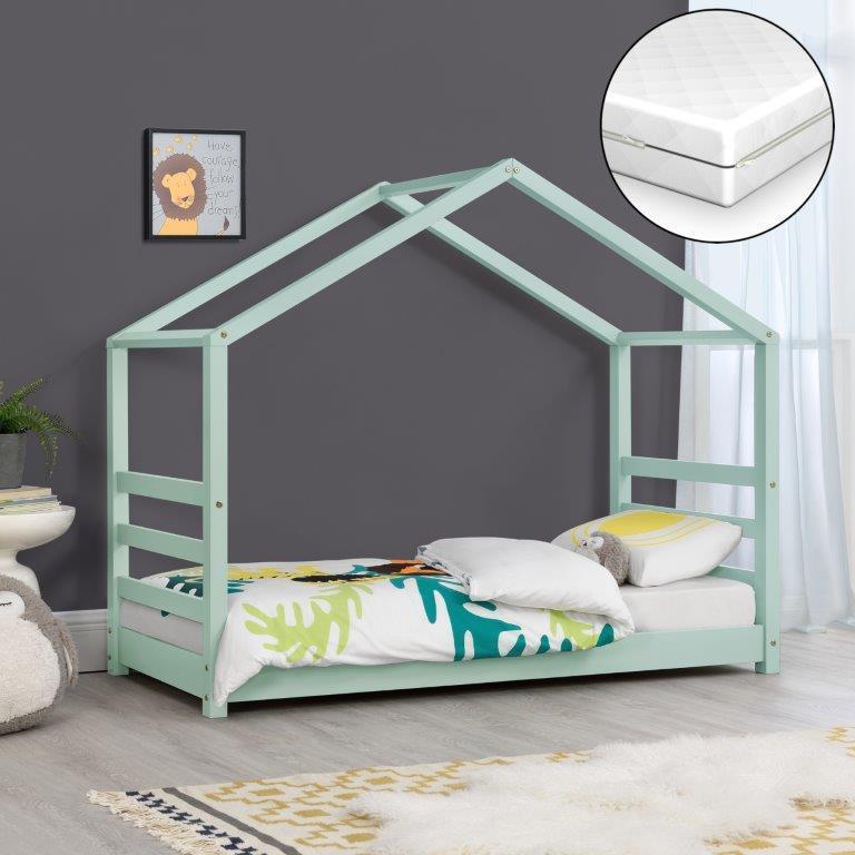 en.casa Grigio Letto per Bambino a Forma di Casetta con Materasso Ipoallergenico a Schiuma Fredda 70 x 140 cm Letto di Design Struttura in Legno di Pino