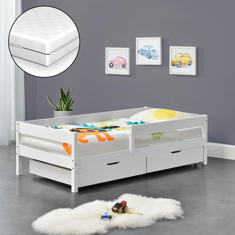 Letto Montessori Casa Per Bambini - 90x200 Cm, Bianco, Con 2 Materassi E Letto Ospiti, Legno Massello