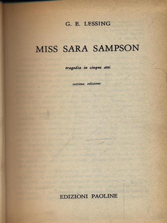Miss Sara Sampson Lessing Miss Sara Sampson - Gotthold Ephraim Lessing - Libro Usato - Edizioni