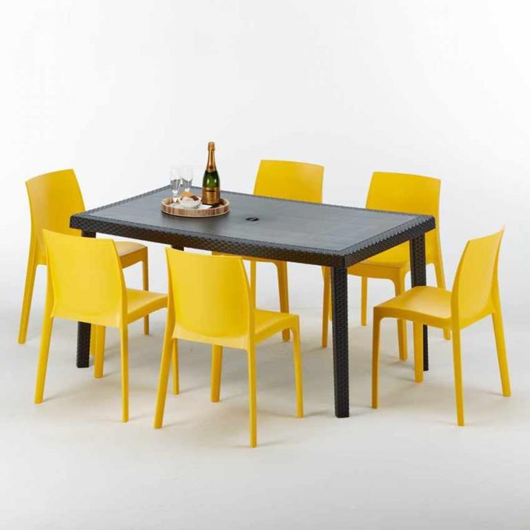 Tavolo Rettangolare Nero 150x90 cm con 6 Sedie Colorate Tavolo Rettangolare Nero 150x90 cm con 6 Sedie Colorate