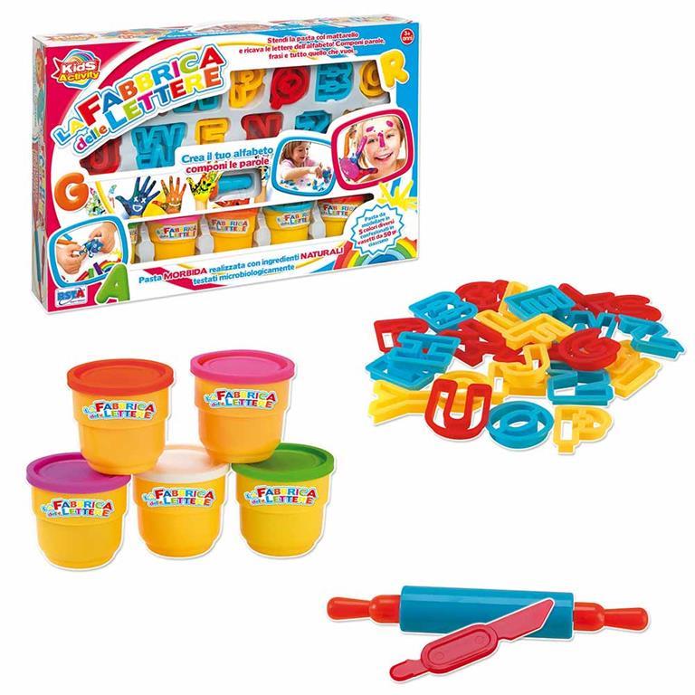 PLASTILINA PASTA MODELLANTE FABBRICA LETTERE CON VASETTI LETTERE E ACCESSORI 3+