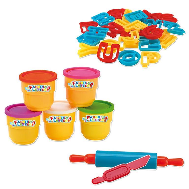 PLASTILINA PASTA MODELLANTE FABBRICA LETTERE CON VASETTI LETTERE E ACCESSORI 3+