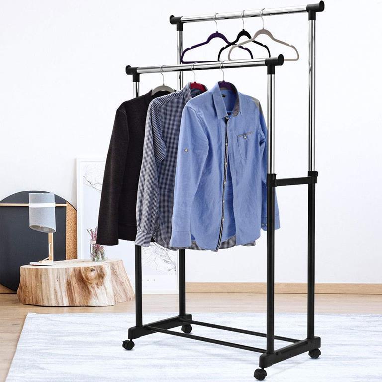 Stand Appendiabiti Doppio con Ruote in Acciaio da Terra Allungabile Appendiabiti Telescopico Misure 80 x 40 x 90//164 cm