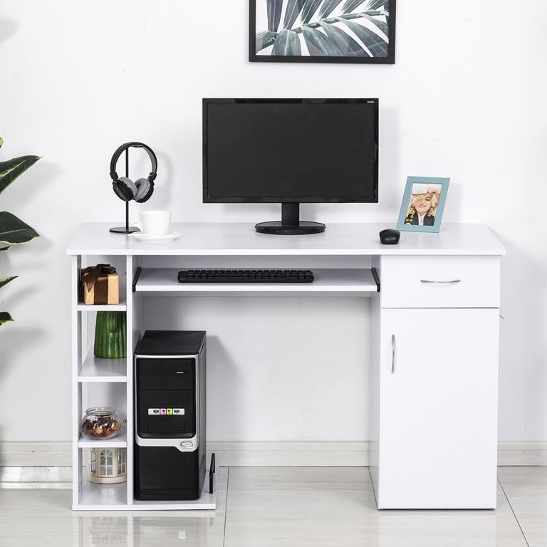 Scrivania PC HOMCOM Con Mensole E Tastiera Estraibile: Dimensioni 120x60x74 Cm, Colore Bianco, In MDF, Con Armadietto E Cassetto