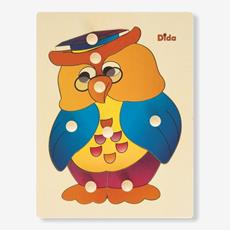 Giocattolo Puzzle Gufo. Puzzle in legno per bambini, tessere ad incastro con comodi pomelli di legno. Dida Dida
