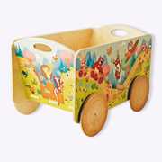 Giocattolo Carretto in legno trainabile porta oggetti e giochi per bambini. Decoro animali del bosco. Dida Dida